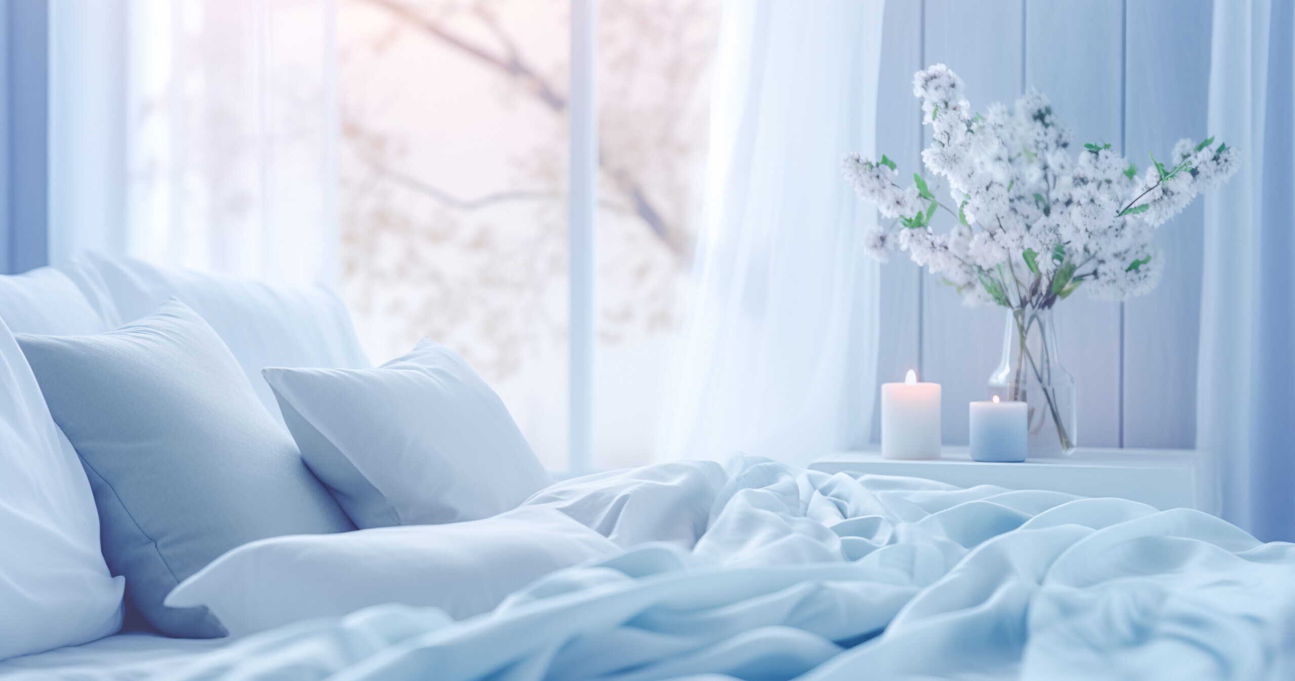 messy white bedsheets with candles and a window with a tree outside